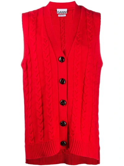 Ganni V-neck Cable-knit Cotton-blend Sleeveless Cardigan In Red