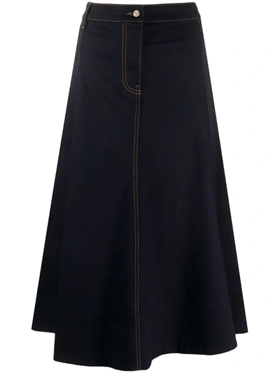 Valentino V-gold Plaque Denim Midi Skirt In Blue