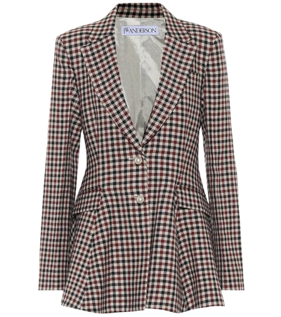 Jw Anderson Single-breasted Peplum Checked Virgin-wool Blazer In Red