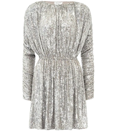 Saint Laurent Ruched Sequined Tulle Mini Dress In Silver,beige