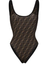 Fendi Ff Logo Print Swimsuit In Beige
