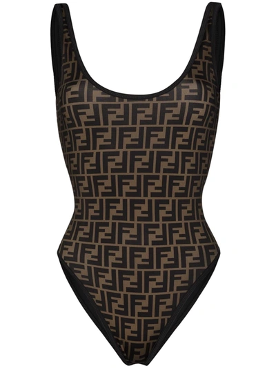 Fendi Ff Logo Print Swimsuit In Brown