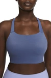 Nike Swoosh Luxe Sports Bra In Diffused Blue/ Obsidian Mist