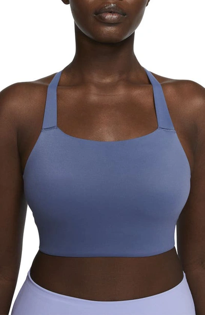 Nike Swoosh Luxe Sports Bra In Diffused Blue/ Obsidian Mist