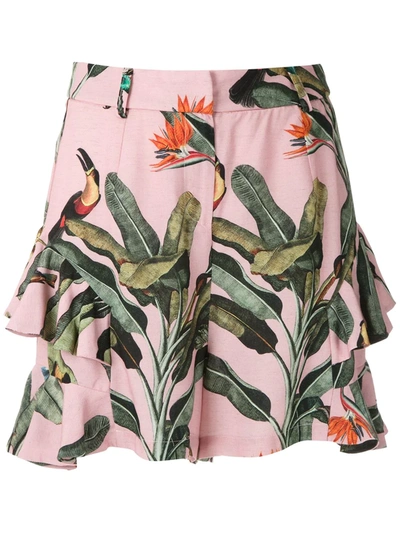 Patbo Tropical Print Belted Ruffle Shorts In Pink