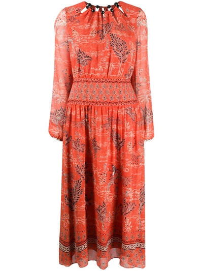 Saloni Thala Beaded Neckline Midi Dress In Orange