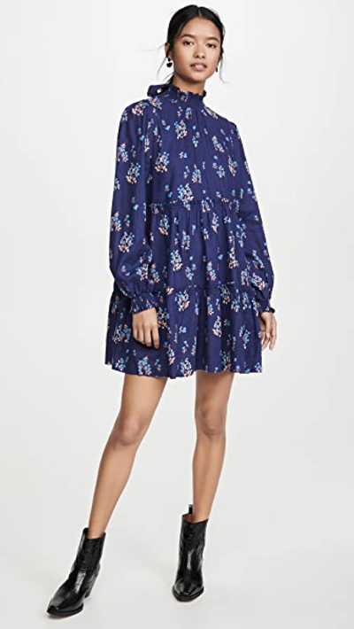 Free People Petit Fours Smock Neck Mini Dress - M - Also In: Xl, Xs, L, S In Indigo Blue