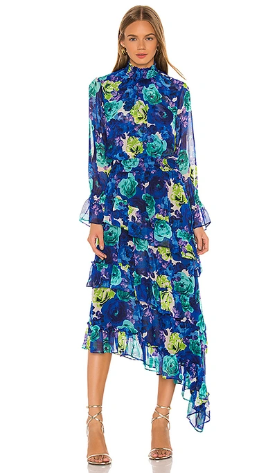 Misa Rania Chiffon Smock Neck Asymmetrical Midi Dress In Sapphire Floral