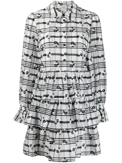 Baum Und Pferdgarten Anya Tiered Checked Cotton-blend Floral-jacquard Mini Dress In White/black Blossom Check