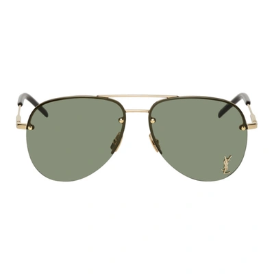 Saint Laurent Classic 11 Aviator-style Gold-tone Sunglasses In Gold/green