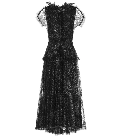 Rodarte Belted Ruffled Metallic Flocked Tulle Midi Dress In Black