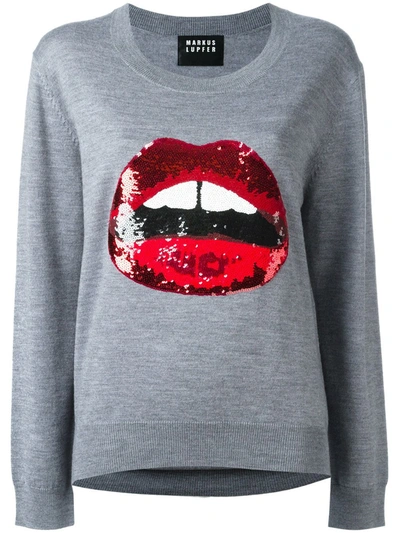 Markus Lupfer Sequin Lips Embroidered Fine Knit Jumper In Grey