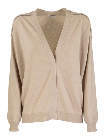 Brunello Cucinelli Cashmere Cardigan With Shiny Shoulder Embroidery In Beige