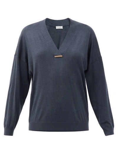 Brunello Cucinelli V-neck Sweater Cashmere Sweater With Shiny Shoulder Embroidery In Dark Grey