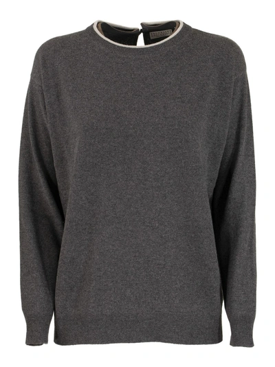 Brunello Cucinelli Crewneck Sweater Virgin Wool, Cashmere And Silk Sweater With Precious Faux-layering In Lead