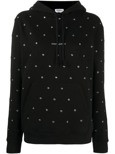 Saint Laurent Cotton Hoodie With Logo And Metal Eyelets In Black