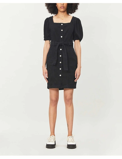 Topshop Puffed-sleeve Denim Mini Dress In Washed Black