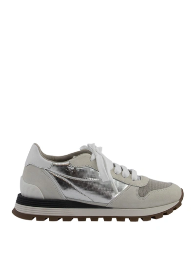 Brunello Cucinelli Sneakers Suede And Sparkling Rip-stop Runners With Precious Toe In White
