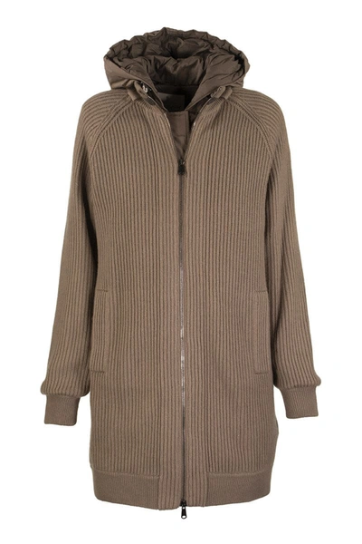 Brunello Cucinelli Knit Outerwear Cashmere Rib Knit Outerwear Jacket With Monili And Detachable Down Vest In Tobacco