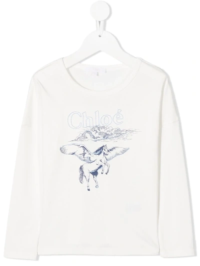 Chloé Kids' Pegasus Print Long-sleeved T-shirt In White