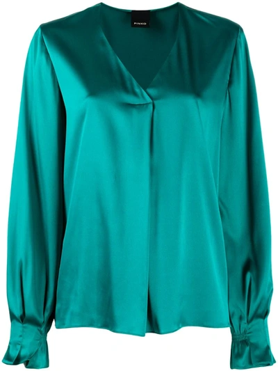 Pinko V-neck Front Pleat Blouse In Green