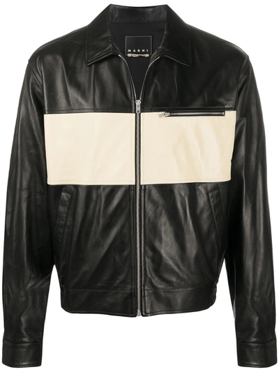 Marni Two-tone Zipped Leather Jacket In Black