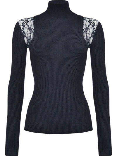 Pinko Lace-detail Ribbed Knit Top In Black