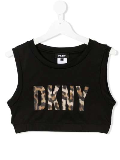 Dkny Kids' Cropped Vest With Logo Leopard Print In Black
