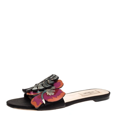 Pre-owned Valentino Garavani Black Satin And Leather Tropical Dream Flat Slides Size 37