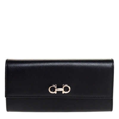 Pre-owned Ferragamo Black Leather Double Gancio Continental Wallet