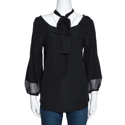 Pre-owned Diane Von Furstenberg Black Silk Neck Tie Detail Blouse M