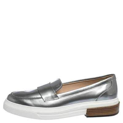 Pre-owned Tod's Sliver Leather Slip On Loafers Sneakers Size 39.5 In Silver