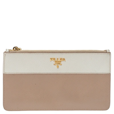 Pre-owned Prada Beige/cream Saffiano Lux Leather Zip Pouch