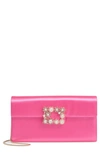 Roger Vivier Flower Buckle Satin Clutch In Bouganville