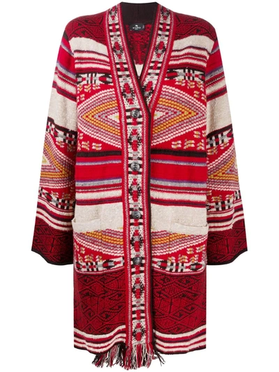 Etro Wool And Silk Jacquard Cardigan In Red,beige,brown