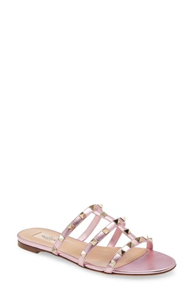 Valentino Garavani Rockstud Slide Sandal In Metallic Pink