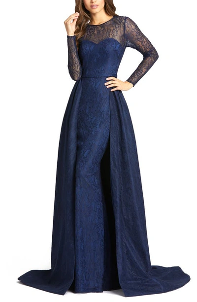 Mac Duggal Long-sleeve Lace Illusion Column Gown W/ Overskirt In Navy