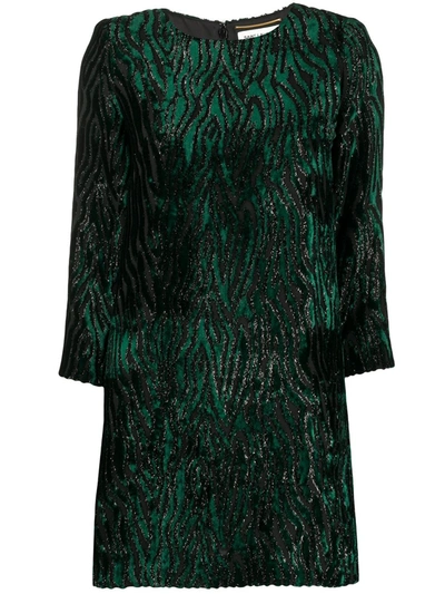 Saint Laurent Tinsel Tiger Stripe Minidress In Green