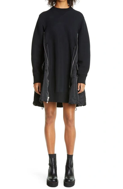 Sacai Ma-1 Side Gusset Long Sleeve Sponge Minidress In Black