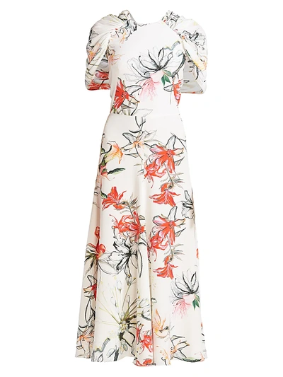 Alexander Mcqueen Endangered Floral Silk Cape-sleeve Midi Dress In Ivory Mix