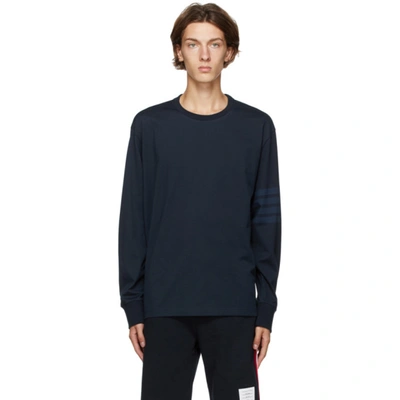 Thom Browne Navy Cotton Jersey Long Sleeve Tonal 4-bar Rugby T-shirt In Blue