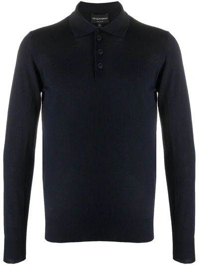 Emporio Armani Long Sleeve Wool-knit Polo Shirt In Blue