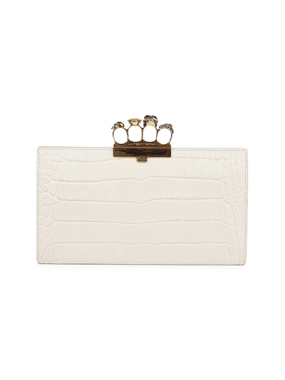 Alexander Mcqueen Punk Four-ring Croc-embossed Leather Flat Pouch In Light Pink
