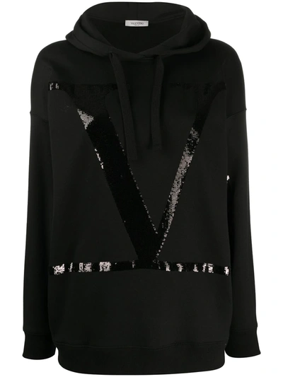 Valentino Vlogo Sequined Cotton Jersey Hoodie In Black