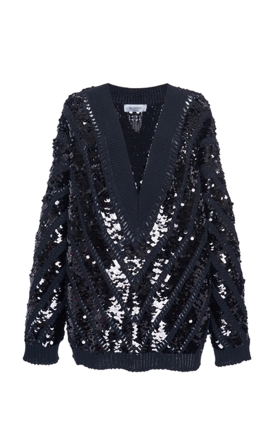 Valentino Oversized Sequined Wool V-neck Sweater In Black