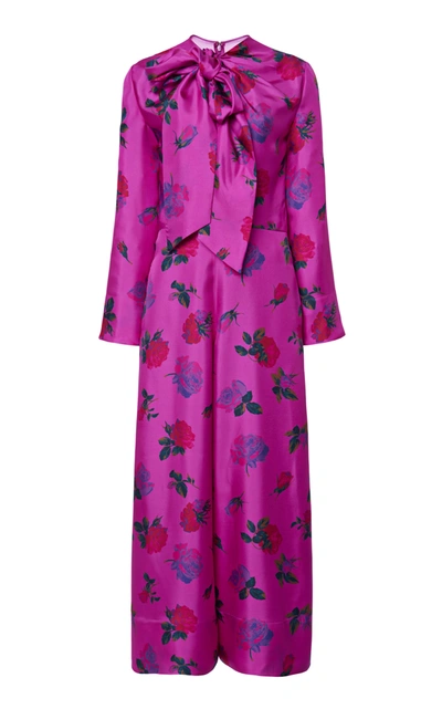 Valentino Pussy-bow Floral Silk Jumpsuit