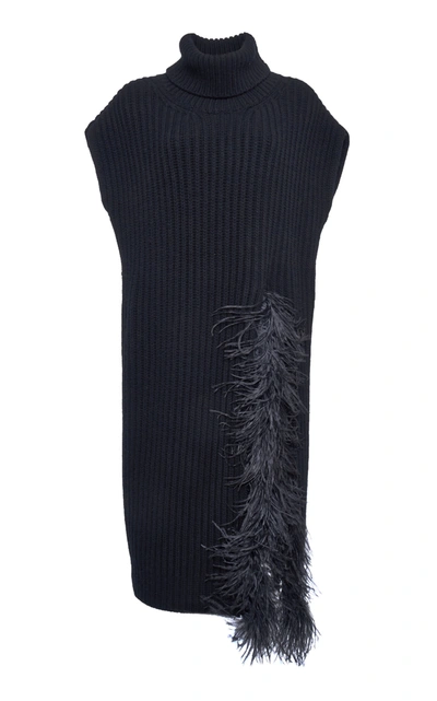 Valentino Feather-embellished Ribbed Wool And Cashmere-blend Turtleneck Sweater In Black