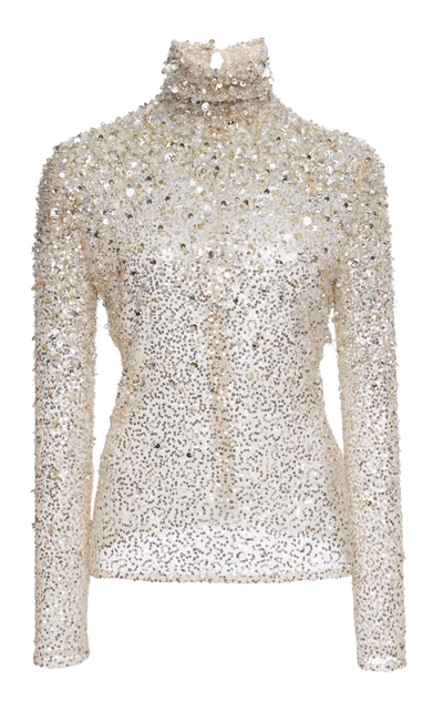 Valentino Sequin-embellished Tulle Turtleneck Top In Silver