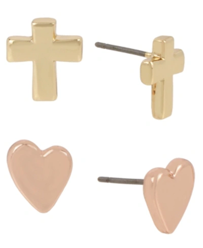 Robert Lee Morris Soho Two-tone 2-pc. Set Cross & Heart Stud Earrings In Rose Gold
