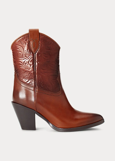 Ralph Lauren Tooled Leather Ankle Boot In Cuoio